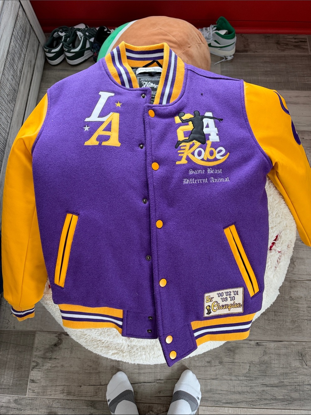 Purple and Yellow Varsity Jacket with LA & Kobe Embroidery